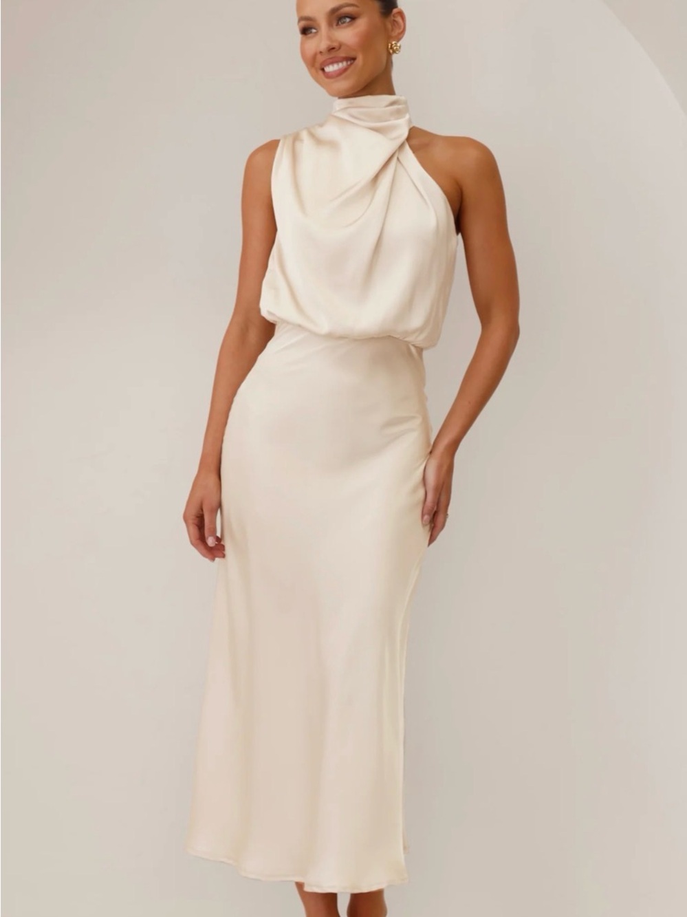 Billy J Sleeveless Ivory Satin Halter Dress